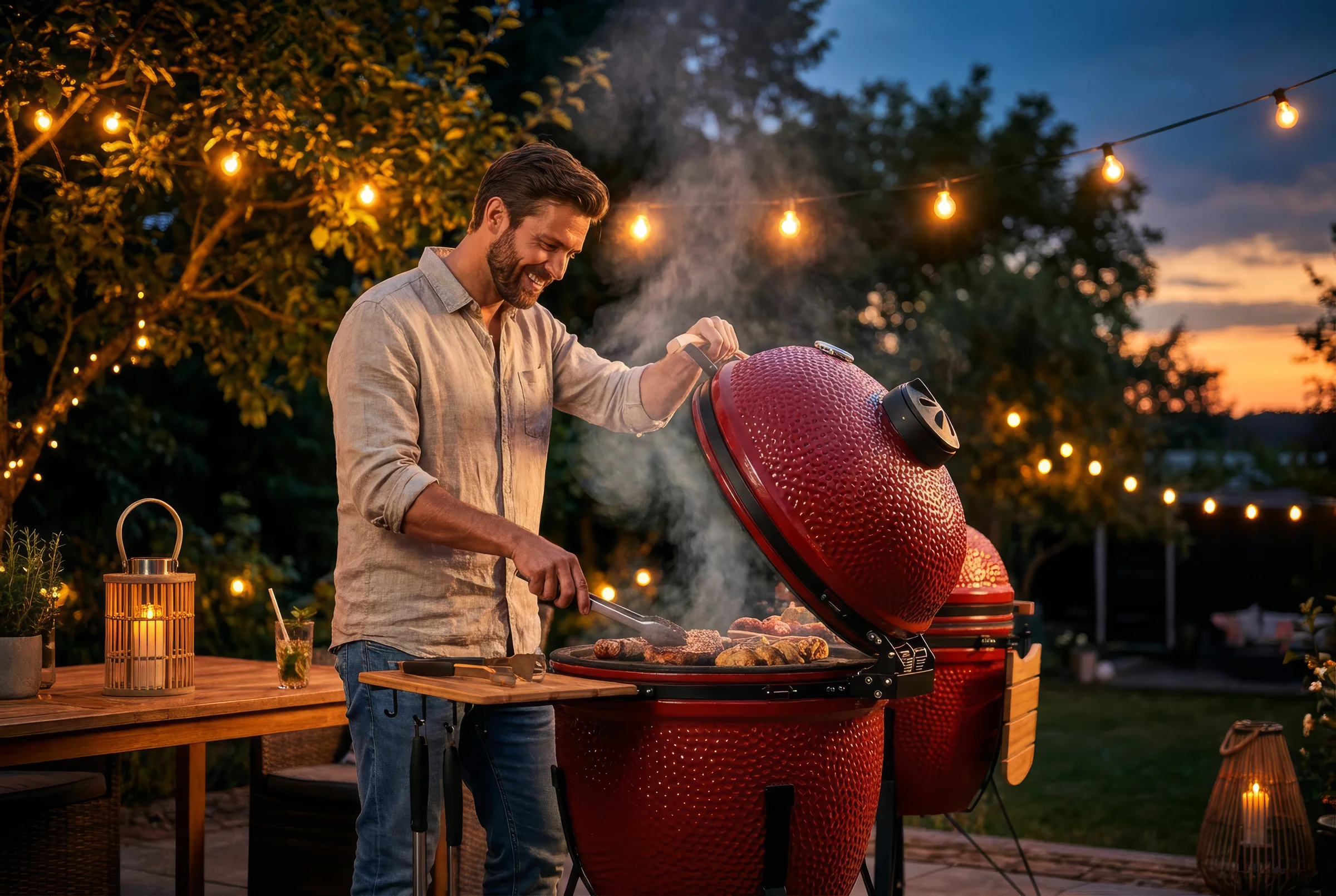 Muž griluje na KAMADO Bono keramickém grilu ve večerní zahradě se světýlky